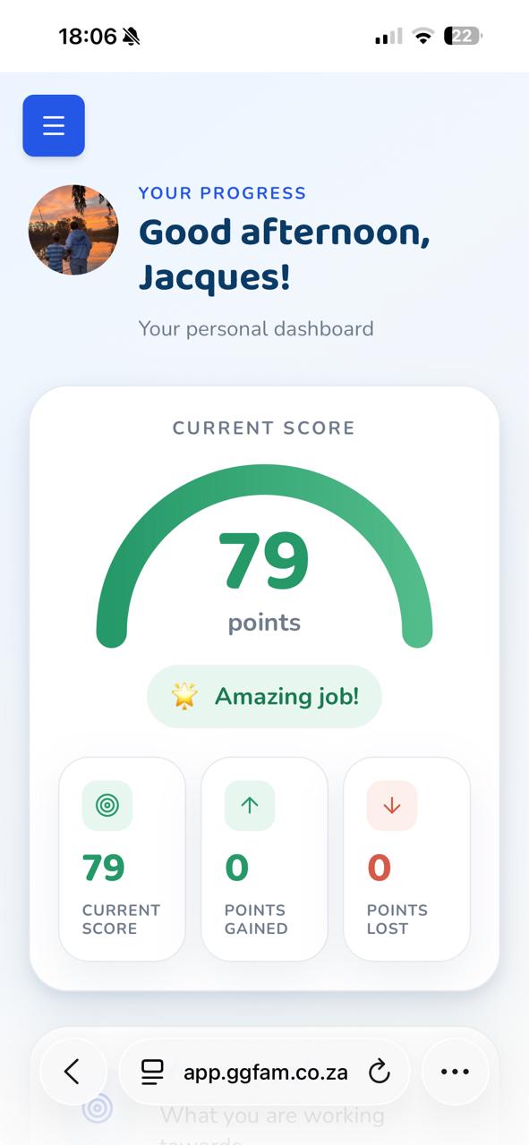 GGFam dashboard displaying a personal score of 79 points